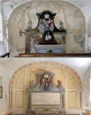 Dreifaltigkeitskapelle in Leithaprodersdorf Altarraum vor und nach der Renovierung